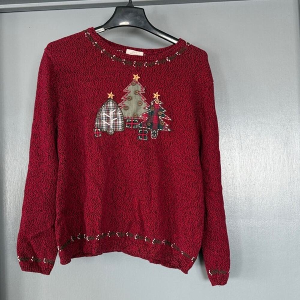 Vintage Christopher Banks Red Hand Embroidered Christmas Tree Sweater  Sz L